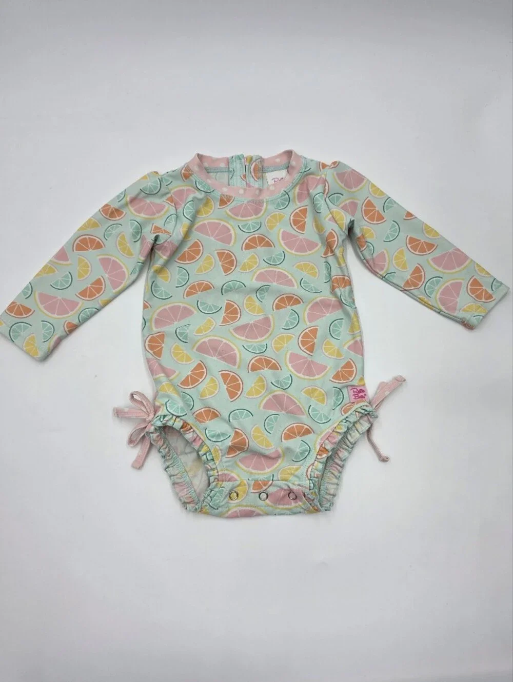 Ruffle Butts baby girl fruit print rashguard swimsuit size 12-18 months